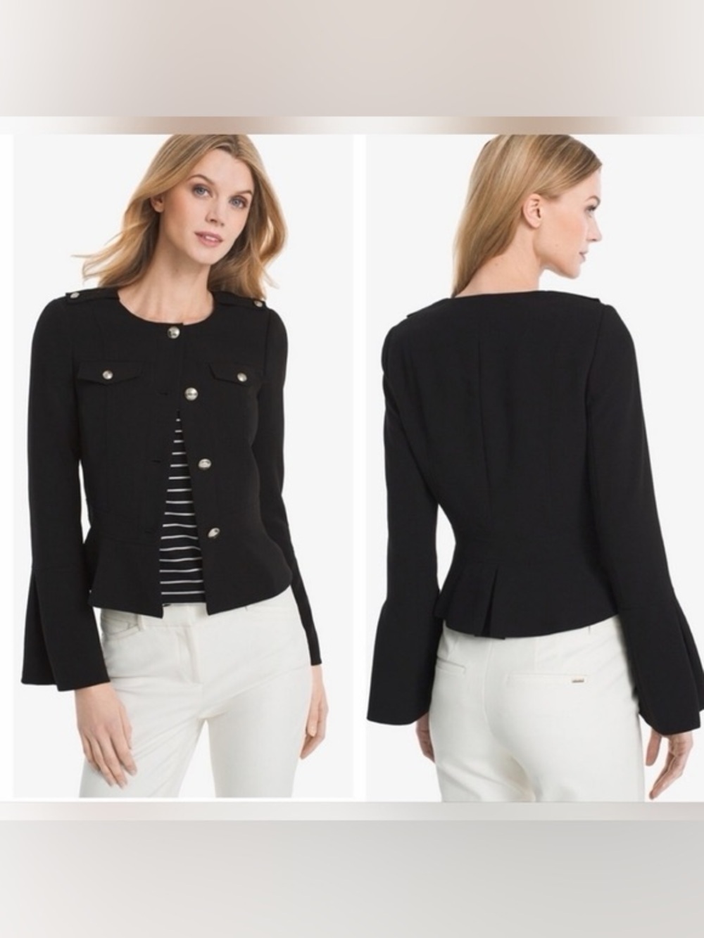White House Black Market Black Cropped Blazer Bell Sleeve Military Jacket Size 4